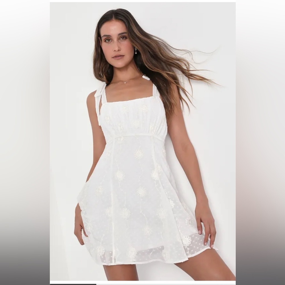 Lulu’s White Embroidered Tie Strap Mini Dress